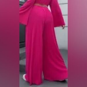 Shein Curve Women's Elastic Waist Pink Wide-Leg Pants with Panty Under layer 2XL